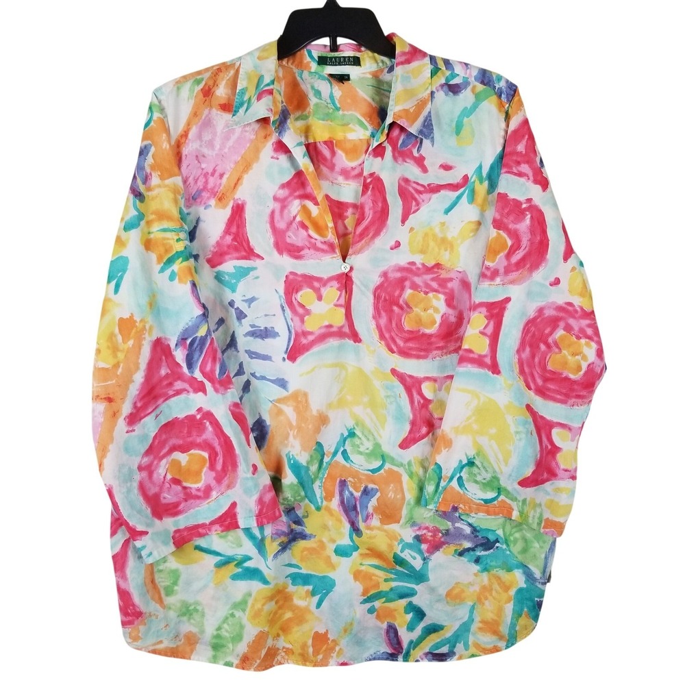 Lauren‎ Ralph Lauren Tunic Women 3X Multicolor Watercolor Abstract Floral Cotton